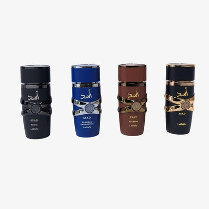 Lattafa Asad 4-Piece Gift Set 25ml – Men's Oriental Fragrance Collection | Asad, Elixir, Bourbon & Asad Zanzibar LE