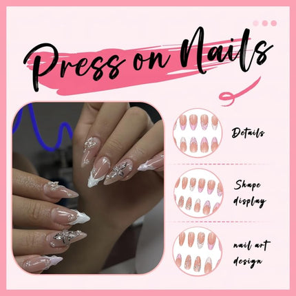 24Pcs Silver Rhinestones Press on Nails Medium Almond Fake Nails Butterfly Gems White French Tip Acrylic Nails Press Ons Flower Butterfly Nail Charms Floral Stick On Nails Artificial Nails for Women