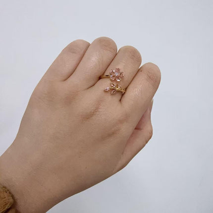 Delicate Flower Leaf Wrap Finger Ring for Women Pink Cubic Zirconia Crystal Floral Statement Ring Promise Engagement Rings Adjustable Open Band