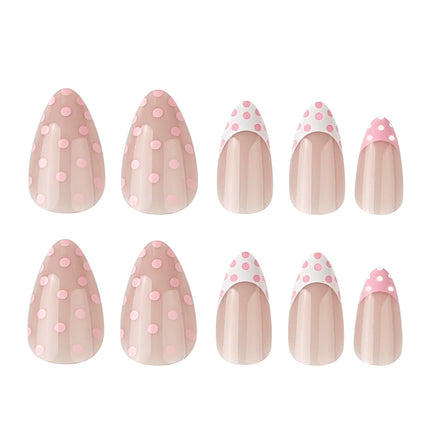 Pink Polka Dot Press on Nails - Short Almond Fake Nails, Nude Base French Tip False Nails with Polka Dots Design, Reusable Glue on Nails for Women Manicure, Glossy Finish | 12 Sizes - 24 Pcs
