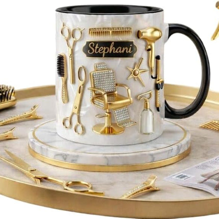 Personalized Hair Stylist Mug, Custom Name Beauty Tools 3D Inflated Effect Ceramic Mug, Gift for Hairdresser Women Men Elegant Salon Cup, Proud Hairstylist Birthday Christmas Appreciation Gift Ideas 3