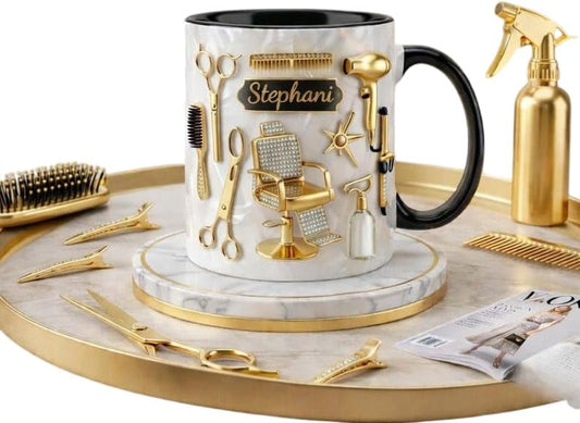 Personalized Hair Stylist Mug, Custom Name Beauty Tools 3D Inflated Effect Ceramic Mug, Gift for Hairdresser Women Men