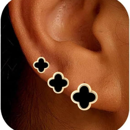 Clover Earring for Women 3 Pair Small Stud Four Leaf - 14K Gold Plated Hypoallergenic Lightweight Waterproof Non - discoloring Sensitive Ear for Birthday Christmas Anniversary Lucky Jewelry Gifts /Trendy Colors