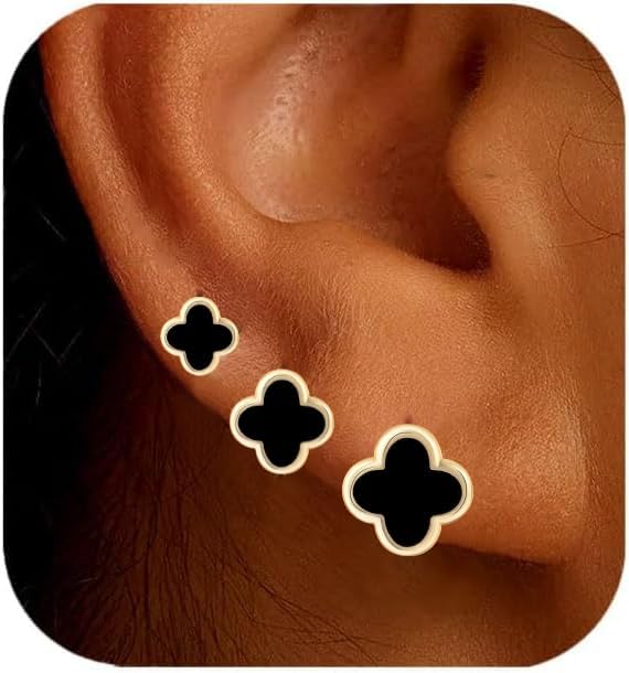 Clover Earring for Women 3 Pair Small Stud Four Leaf - 14K Gold Plated Hypoallergenic Lightweight - photo 2