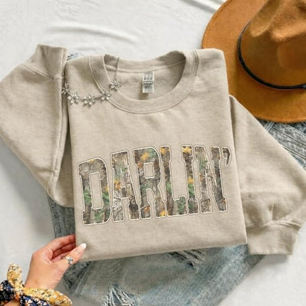 FITIN Unisex Darlin’ Camo Sweatshirt for Women – Western Country Graphic Crewneck Camouflage Southern Pullover