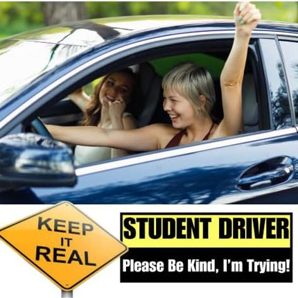 Funny Student Driver Magnetic Car Sign 4 Pack – Bumper Magnet Sticker for Car, Removable Vehicle Warning Magnet, Teen New Driver Safety Sign, Weatherproof Magnetic Car Decal for Beginner