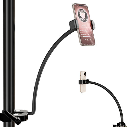 Gooseneck Phone Holder for Mic Stand, 360° Adjustable Mic Stand Phone Holder with 17.1" Removable Gooseneck Arm, Compatible with 4-7" Smartphones, for Music Performance, Recording, Live Streaming