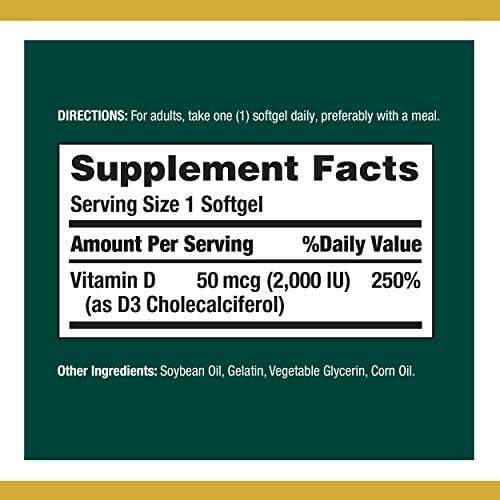 Nature's Bounty Vitamin D3 supplement facts label