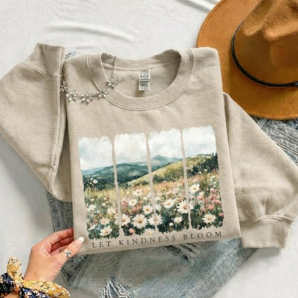 FITIN Let Kindness Bloom Floral Landscape Sweatshirt – Vintage Wildflower Meadow Graphic Cozy Crewneck