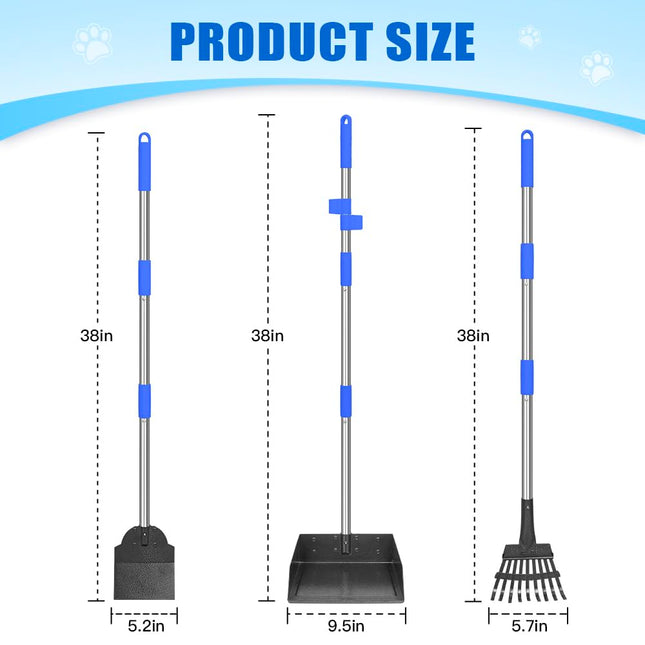 Metal Pooper Scooper for Dogs Heavy Duty Long Handle Rake, Spade & XL Tray