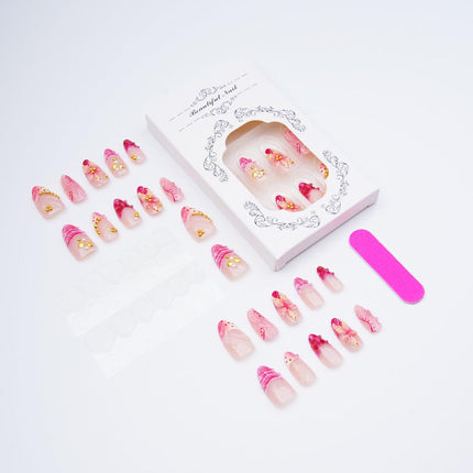 30Pcs Pink Flower Press on Nails Medium Almond French Tip Fake Nails 3D Flower with Gold Starfish Rhinestones Glitter Designs Spring Summer False Nails Cute Stick on Nails for Women Acrylic Manicure