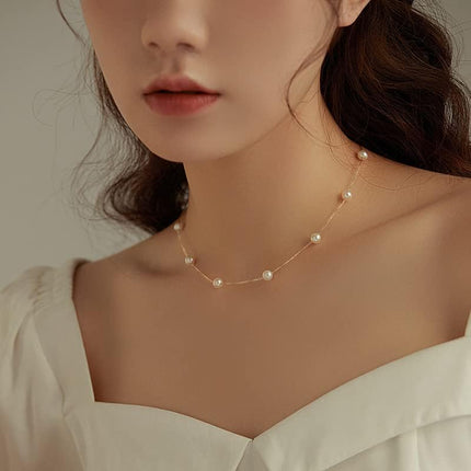 Pearl Necklaces for Women, Gold Pearl Choker Single Pendant Necklace Layered Daisy Prom Wedding Strands for Bride Bridesmaids Beach Summer Jewelry