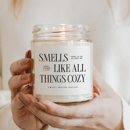 Smells Like All Things Cozy Candle, Orange Cinnamon Ginger Clove Scent, 9oz Soy Candle with Gold Lid, Non-Toxic, Fall & Winter Christmas & Housewarming Gift, 40+ Burn Time