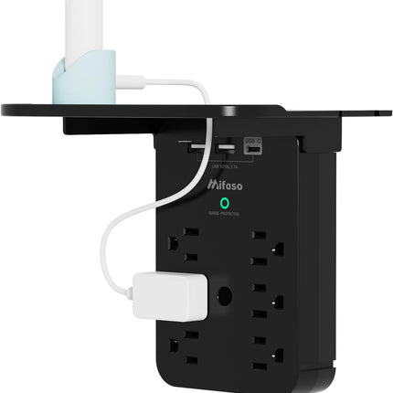 Wall Outlet Extender - Surge Protector 6 AC Outlets Multi Plug Outlet with Shelf, 2 USB and USB C Charging Ports Wall Plug Expander, USB Wall Charger Outlet Splitter for Home (Black)