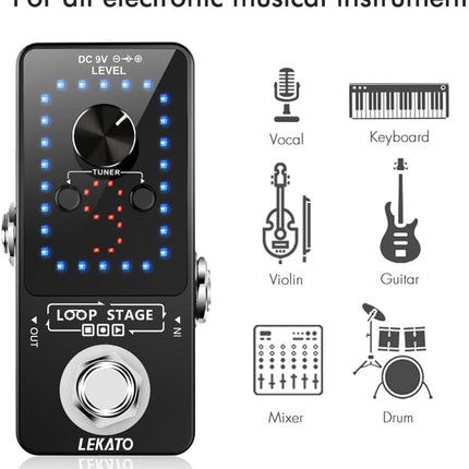 LEKATO Looper Guitar Pedal Guitar Loop Pedal Tuner Pedal 9 Loops 40 Minutes Record Time Unlimited Overdubs for Electric Guitar Bass (Black)