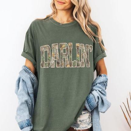 FITIN Darlin’ Camo Comfort Colors Tee, Southern Country Girl Shirt, Western Varsity Camouflage Graphic T Shirt