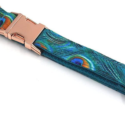 PETDURO Personalized Dog Collar Peacock Print with Name & Phone Number Engraved on Rose Gold Metal Buckle for Large Medium Boy Girl Dogs - Add Matching Soft Leash Bow Tie via Customize Now