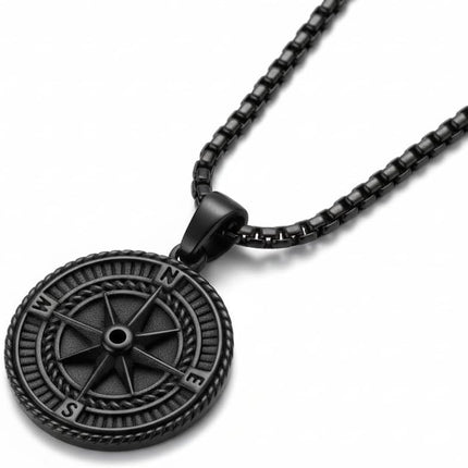 Galis Mens Necklace - Premium Stainless Steel Silver Chain Necklace, Non Tarnish, Chains, Triangle, Cross, Black Enamel, Compass Pendant, Stylish Jewelry - Gift for Him 24"