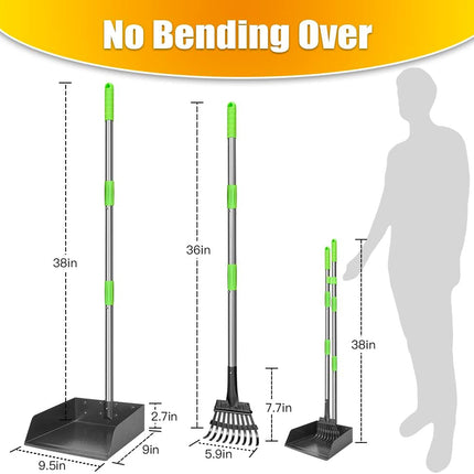 TOOGE Larger Pooper Scooper for Large Dogs, Dog Pooper Scooper for Large Medium Small Dogs Long Handle Stainless Metal Tray and Rake Set Heavy Duty