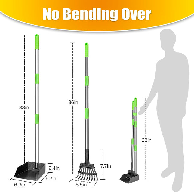 Recogedor para heces de perro con mango largo, bandeja de metal inoxidable y rastrillo para perros medianos y pequeños, suministros resistentes para usar en césped, tierra o grava