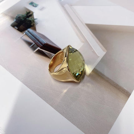 Chunky Square Crystal Glass Stainless Steel Statement Ring for Women Men Gold-Tone Plated Exaggerated Large Geometric Green Cubic Zirconia Finger Band Knuckle Rings Cocktail Prom Fashion Jewelry
