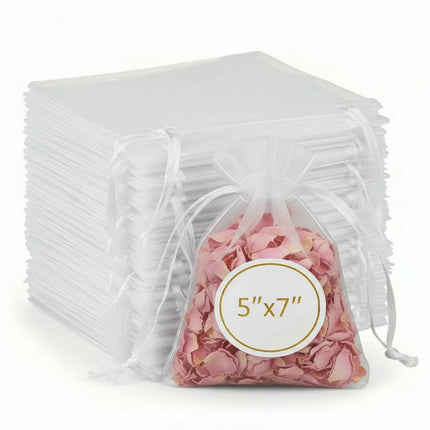 100pcs Organza Bags 5''x7'' - White Mesh Drawstring Gift Bags