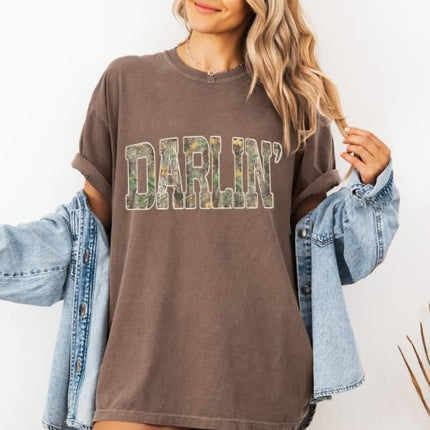 FITIN Darlin’ Camo Comfort Colors Tee, Southern Country Girl Shirt, Western Varsity Camouflage Graphic T Shirt