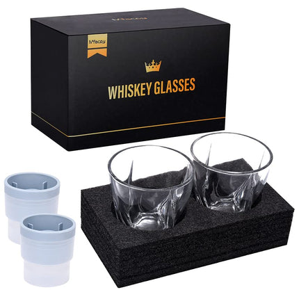 Old Fashioned Whiskey Glasses Set of 4 (2 Crystal Bourbon Glasses, 2 Round Big Ice Ball Molds 11 Oz Rocks Glass with Gift Box, Barware for Scotch Cocktail Rum Vodka Liquor, Gifts for Men