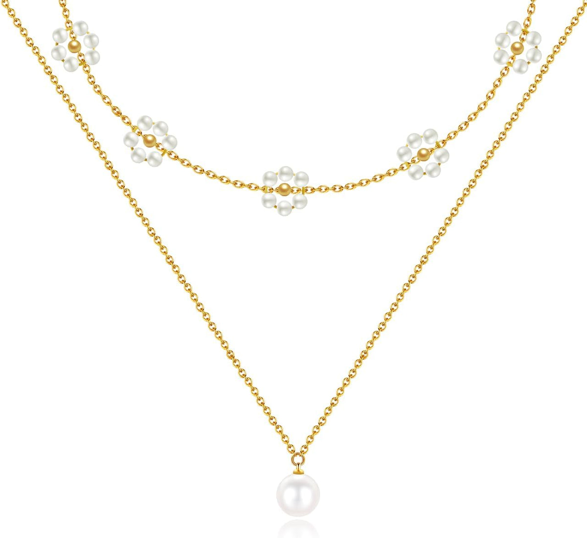 Pearl Necklaces for Women, Gold Pearl Choker Single Pendant Necklace Layered Daisy Prom Wedding Strands for Bride
