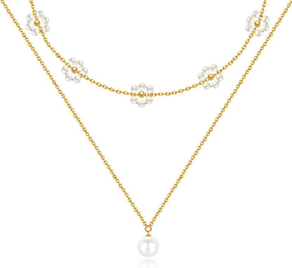 Pearl Necklaces for Women, Gold Pearl Choker Single Pendant Necklace Layered Daisy Prom Wedding Strands for Bride