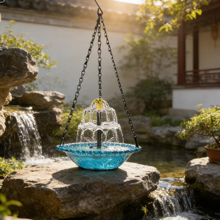Solar Powered Hanging Bird Bath Fountain, All-Weather Cascading Water Fountain with Spill-Resistant Basin, Outdoor Garden Decor for Hummingbirds, Patio Backyard Lawn Decoration