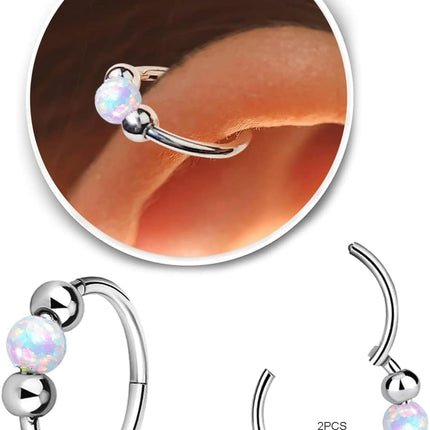 2 Pcs Small Cartilage Hoop Earrings for Women Men, 18G Opal Silver Earrings Hypoallergenic 316L Surgical Steel Hinge Huggie Hoop Earrings for Helix,Tragus,Conch,Rook,Earlobe Piercing Jewelry Nose Ring