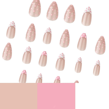 Pink Polka Dot Press on Nails - Short Almond Fake Nails, Nude Base French Tip False Nails with Polka Dots Design, Reusable Glue on Nails for Women Manicure, Glossy Finish | 12 Sizes - 24 Pcs