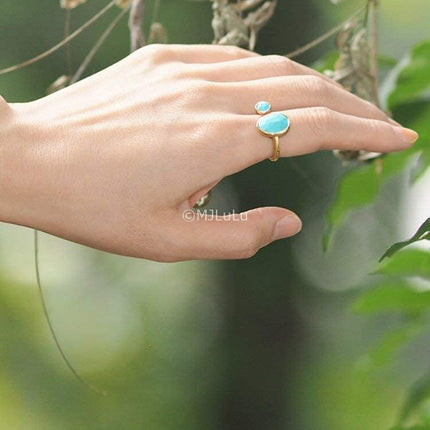 MJLULU Bold 14K Gold-Plated Statement Ring with Eye-Catching Simulated Blue Turquoise - Hypoallergenic & Lightweight, Exuding Boho Elegance - Simple Minimalist Jewelry