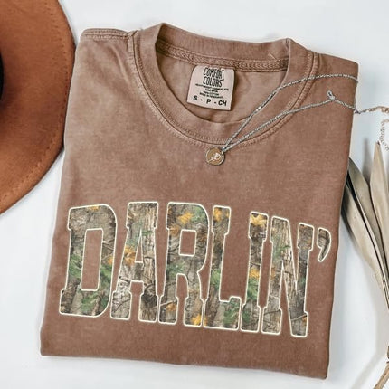 FITIN Darlin’ Camo Comfort Colors Tee, Southern Country Girl Shirt, Western Varsity Camouflage Graphic T Shirt