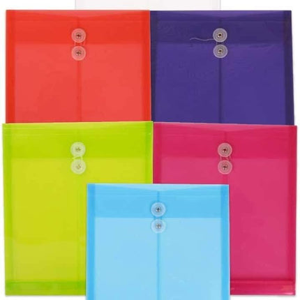 JAM PAPER Plastic Envelopes with Button & String Tie Closure - Letter Open End - 9 3/4 x 11 3/4 - Assorted Colors - 6/Pack