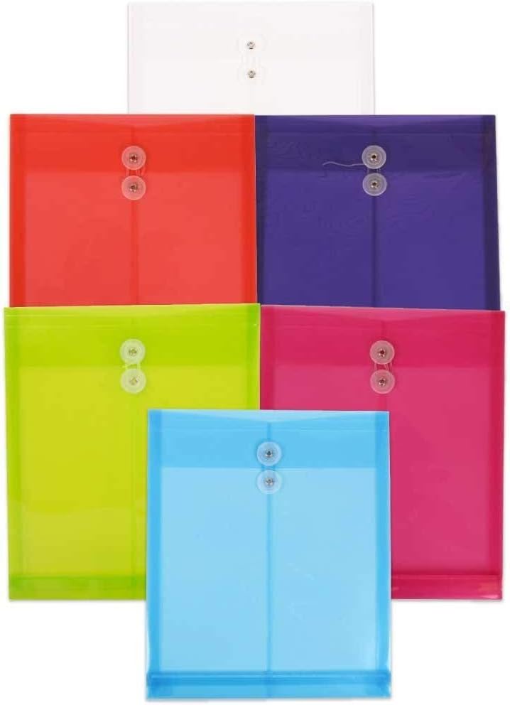 Plastic Filing Envelopes with Button & String Tie Closure, Letter Open End, Assorted Colors, 6 Pack