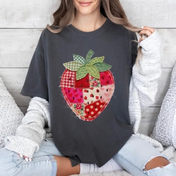 Faux Patchwork Strawberry T-Shirt, Colorful Strawberry - photo 2
