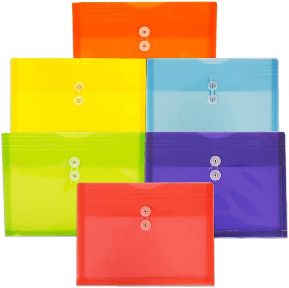 Plastic Filing Envelopes with Button & String Tie Closure, Letter Booklet, 9 3/4 x 13, Assorted Primary Colors, 6 Pack