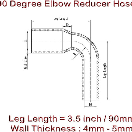 Autobahn88 Automotive Silicone Hose Coupler, 90-Deg Elbow Reducer Coupler, ID= 1.5" to 1.75" (38 to 45mm), Leg Length 3.13" (80mm), Wall Gauge= 0.16" (4mm), 3-Ply, Black