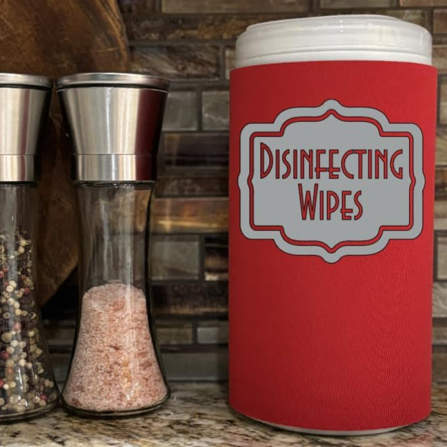 Modern Red Disinfecting Wipes Cover with Silver Label