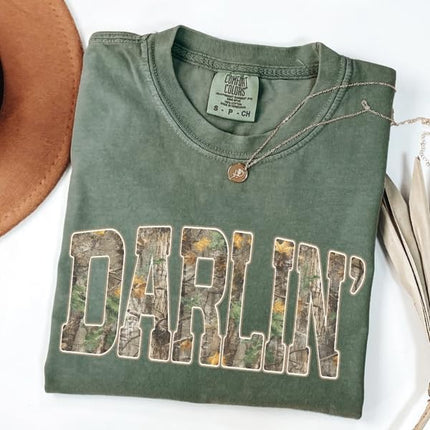 FITIN Darlin’ Camo Comfort Colors Tee, Southern Country Girl Shirt, Western Varsity Camouflage Graphic T Shirt