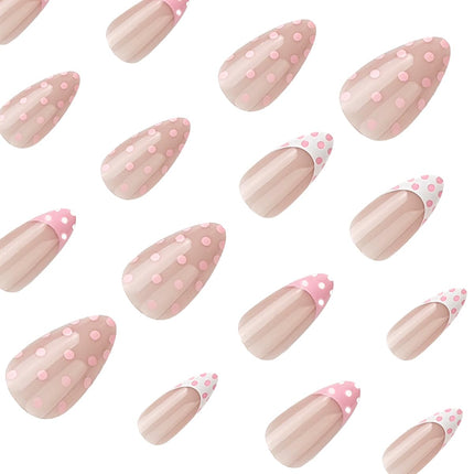 Pink Polka Dot Press on Nails - Short Almond Fake Nails, Nude Base French Tip False Nails with Polka Dots Design, Reusable Glue on Nails for Women Manicure, Glossy Finish | 12 Sizes - 24 Pcs
