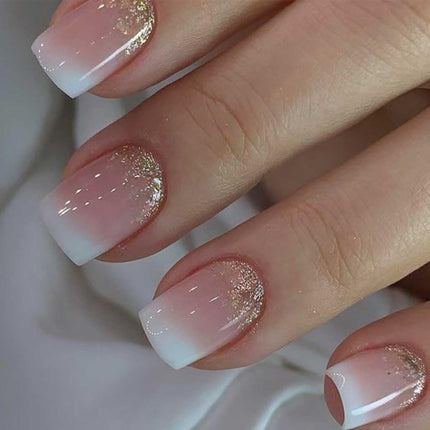 Press on Nails Almond Fake Nails with Gold Line Design Glue on Nails Acrylic Nails Glossy Full Cover Stick on Nails for Women 24Pcs