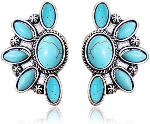 Bohemian Western Natural Turquoise Geometric Flower Drop Dangle Earrings Statement Cowgirl Ethnic Boho Earrings Ethnic Teardrop Stud Earring for Women