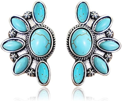 Bohemian Western Natural Turquoise Geometric Flower Drop Dangle Earrings Statement Cowgirl Ethnic Boho Earrings Ethnic Teardrop Stud Earring for Women