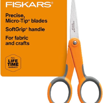 Fiskars SoftGrip Micro-Tip Scissors - Fabric Scissors for Sewing, Arts, and Crafts - 5" Stainless Steel