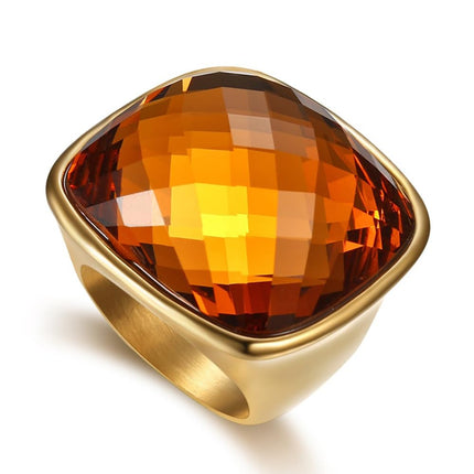 Chunky Square Crystal Glass Stainless Steel Statement Ring for Women Men Gold-Tone Plated Exaggerated Large Geometric Green Cubic Zirconia Finger Band Knuckle Rings Cocktail Prom Fashion Jewelry