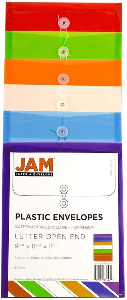 Plastic Filing Envelopes with Button & String Tie Closure, Letter Open End, Assorted Colors, 6 Pack - photo 4