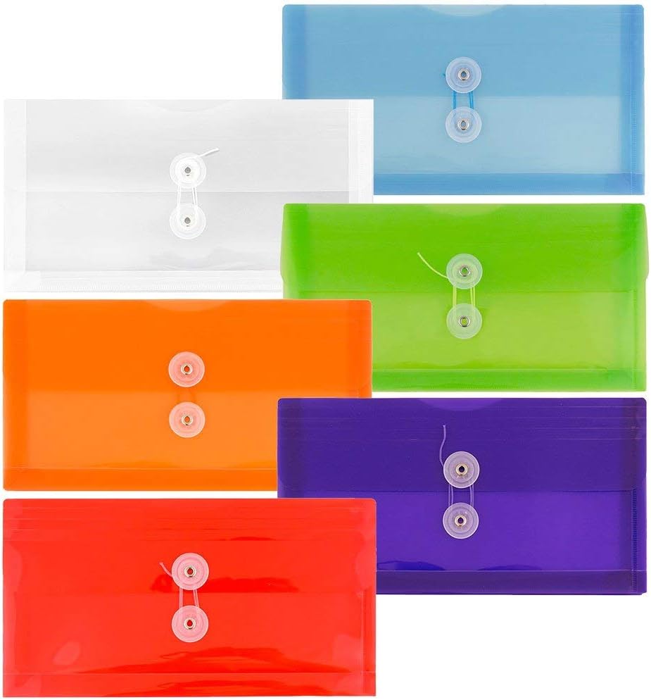 Plastic Filing Envelopes with Button & String Tie Closure - #10 Business Booklet - 5 1/4 x 10 - Assorted Colors - 6/pack